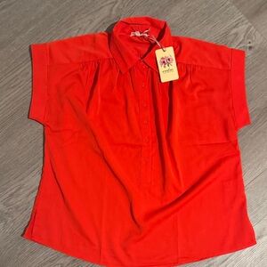 entro Bright Red Short-Sleeve Button Polo Blouse